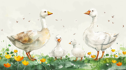 watercolor illustration of cute family goose