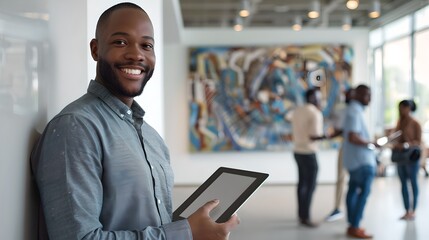 Young professional with a tablet at an art gallery. Casual modern attire. Contemporary art setting. Friendly atmosphere. Tech meets culture. AI