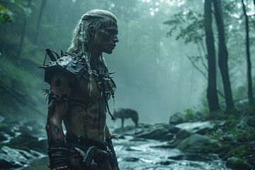 Young Adventurer: Tribal Armor Wolf White Hair Tail Forest Rock Stream Ripples Sunset Atmospheric Lighting Standing Heroically