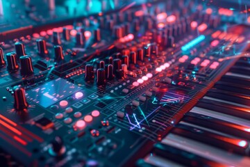 Obraz premium A closeup of a cuttingedge music composition and editing interface, with a blurred concert hall in the background, adorned with hitech hologram effects and futuristic colors