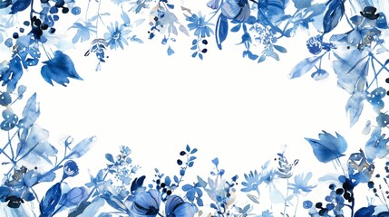 watercolor blue and white floral frame, small central composition in the style of clipart on a clean background.