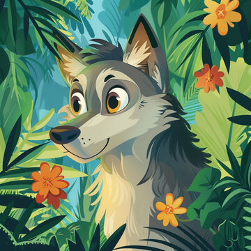 Cute illustration of Akela the wolf in the jungle