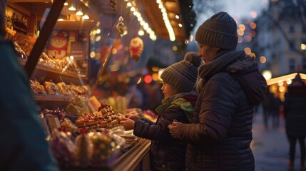 A woman and a child gazing at delicious food. Suitable for food blogs or nutrition websites