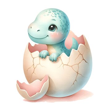 Adorable illustration of a baby dinosaur peeking out of a cracked egg, with a gentle smile and soft blue tones, perfect for children's books or nursery decor.

