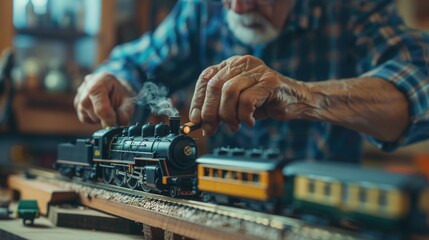 A man is focused on assembling a model train set. Ideal for hobby or leisure activity concepts
