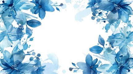 watercolor blue and white floral frame, small central composition in the style of clipart on a clean background.