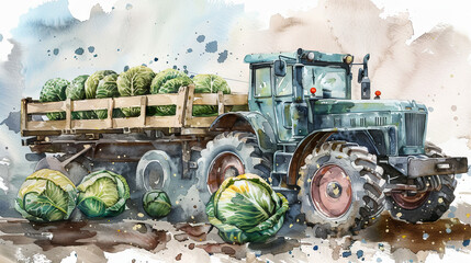 watercolor illustration with green tractor with cabbage, agriculture and harvest concept, autumn background