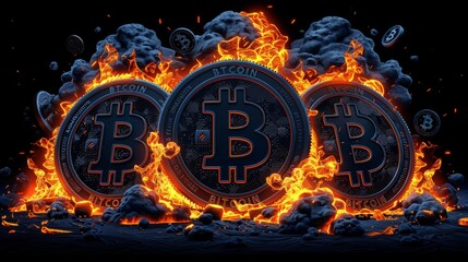The image shows three Bitcoin symbols on fire.