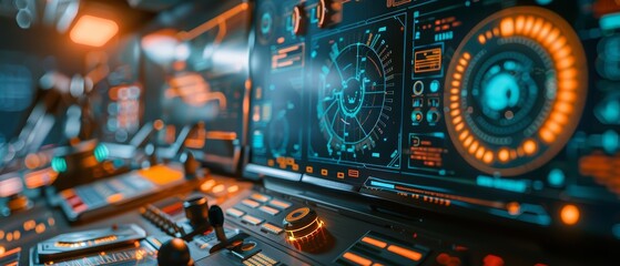 A closeup of an advanced robotics engineering workstation, depicting blurred machine parts in the background, utilizing hitech HUD elements in cyberpunk colors