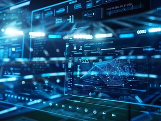 Obraz premium A closeup of an innovative sports analysis tool, depicting a blurred stadium in the background, enhanced with a hitech HUD concept and clean look