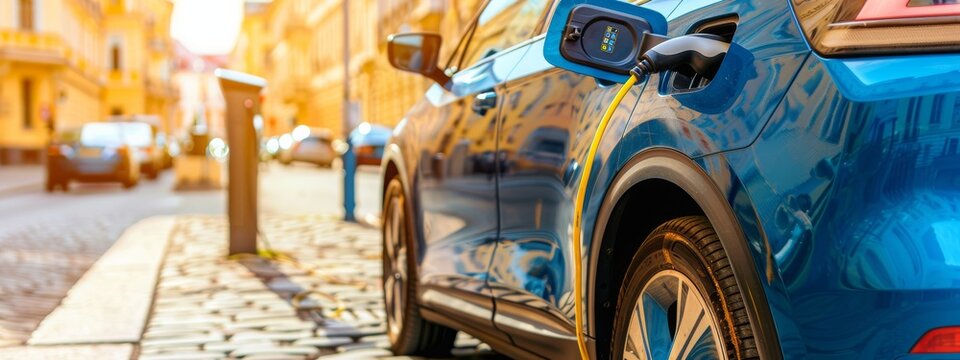 Close-up modern electric plug-in hybrid car parked near fast charger charging station point in center street old European city. Eco friendly green energy vehicle. Zero emission transport technology