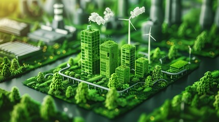 3D rendering of a sustainable green city with windmills and lush vegetation