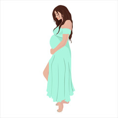 pregnant dark-haired barefoot girl in a long menthol dress