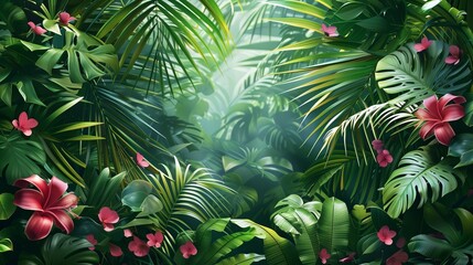 jungle. Tropical green thickets with flowers