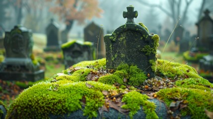 Mossy headstone in a cemetery surrounded by vegetation and sunlight