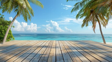 Wooden deck overlooking azure ocean, palm trees, under clear sky