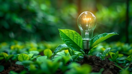 A green plant grows next to a light bulb emerging from the ground