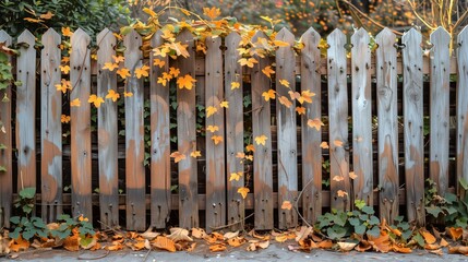 Picket fence adorned with leafy plants, part of natural landscape