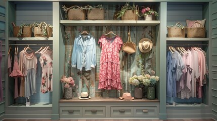 A retail boutique with fashion designs displayed on shelves