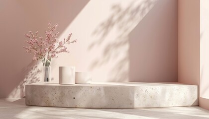 A minimalistic stone podium in a 3D-rendered scene, designed for elegant presentations of beauty products on a simple yet stylish platform