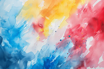 Abstract colorful watercolor background with soft blurred brushstrokes and splashes of vibrant red, yellow, blue colors Watercolor illustration in the style of soft pastel color 