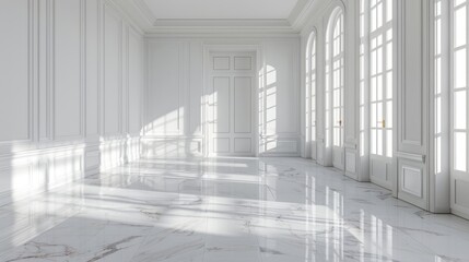 Interior of an empty apartment, a wide room with a marble floor and large windows.