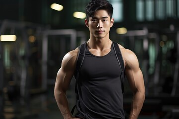 Portrait of an asian sport man in dark gym. smiling man in practice room. active korean man in sportswear