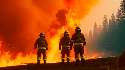 Team Firefighters in Safety Uniform and Helmets Extinguishing Wildland Fire, Forest Emergency. Cinematic AI Footage