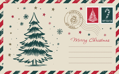 Christmas mail, postcard, hand drawn illustration.	
