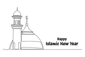 One continuous line drawing of Happy Islamic new Year concept. Doodle vector illustration in simple linear style.