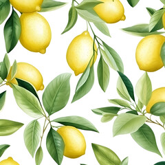 Abstract pattern with lemons and green leaves on white background 