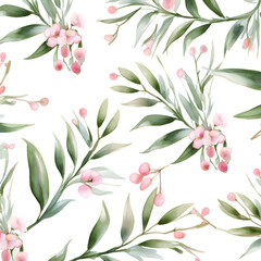 Abstract watercolor pattern with green leaves and pink flowers on white background 