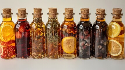 An assortment of bottles filled with infusions of fresh fruits and herbs. - Powered by Adobe