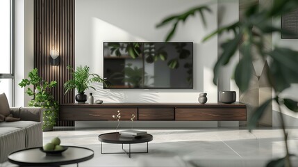 A stylish living room setup featuring a wall-mounted TV surrounded by tasteful decoration on a pristine white wall. The 3D rendering captures the 