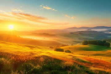 Sunrise Over Golden Fields and Green Hills