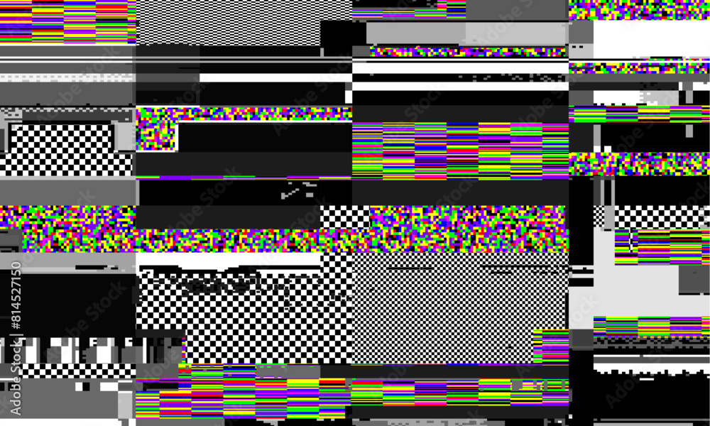 Poster retro vhs background like in old video tape rewind or no signal tv screen with glitch camera effect.