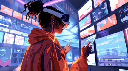 A social media manager ARVR in a vibrant, interactive digital marketing space, shown in halfbody with advanced virtual interfaces