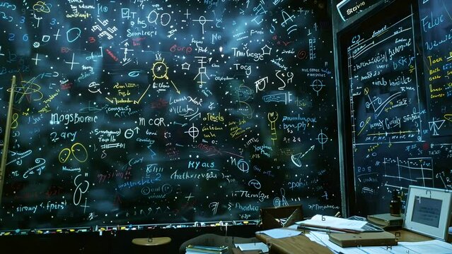 Abstract random mathematical formulas, numbers and letters of the alphabet on blackboard wall background with glitch screen effect loop animation