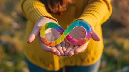 World autism awareness day concept, Colorful autism infinity rainbow symbol sign in outstretched woman hands, Autism rights movement, Autism acceptance movement.