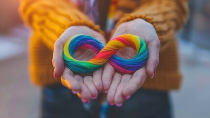 World autism awareness day concept, Colorful autism infinity rainbow symbol sign in outstretched woman hands, Autism rights movement, Autism acceptance movement.
