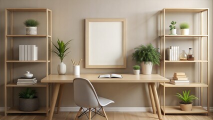 Neutral Home Office Frame Mockup: A neutral-toned home office environment with a frame mockup positioned on a desk or shelf, offering a minimalist backdrop for productivity and creativity.	
