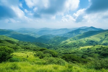 Naklejka premium Lush Green Hills Under Bright Blue Sky