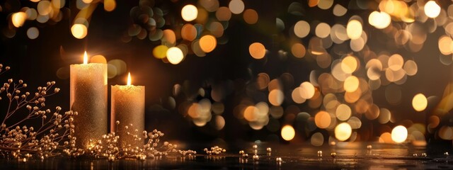 Candle is burning on dark blurry background, banner calm concept. Generative Ai.
