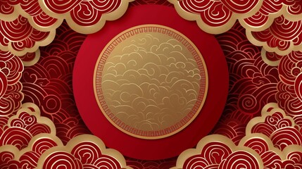 chinese style pattern background, red and gold lines, simple Chinese wave texture pattern with circular auspicious cloud decoration in the center of the screen.