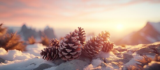 Copy space image of a closeup macro shot capturing the beauty of snow covered small pine cones under a winter sunset on the French Alps - Powered by Adobe