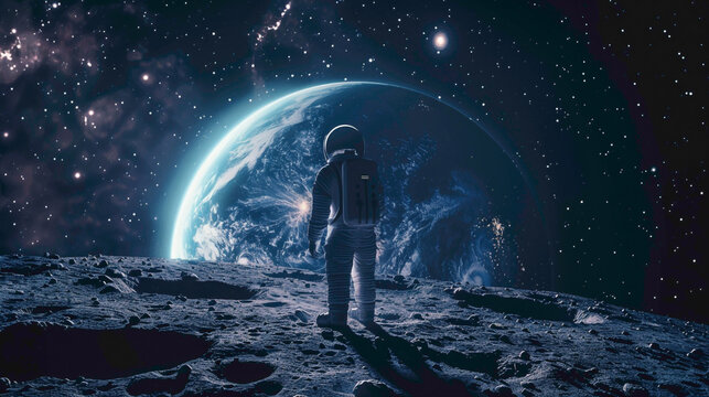 A astranout standing on moon in space suit while watching earth from space. moon soil and surface.