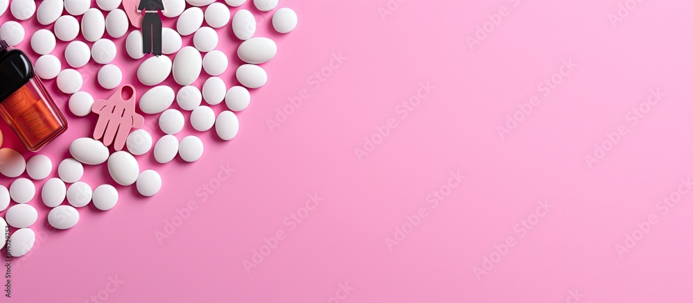 Poster Top view of a pink background with the silhouette of a family and color pills representing medicine for family health and the prevention of diseases Copy space image