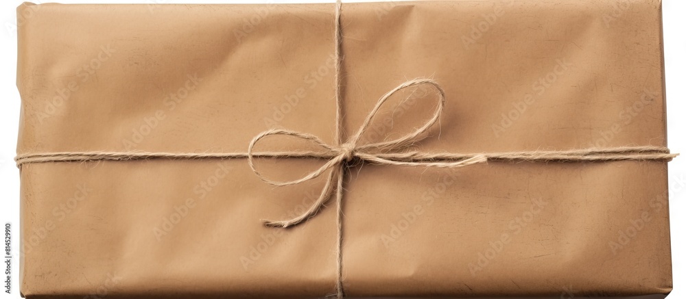 Aufkleber top view of a gift box wrapped in brown recycled paper and tied with a sack rope isolated on a white