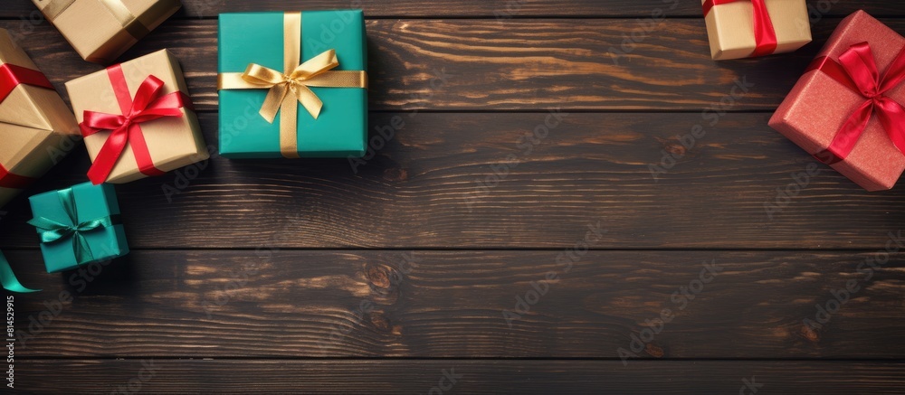 Poster a top down view of gift boxes surrounded by colorful packages adorned with red and green ribbons the