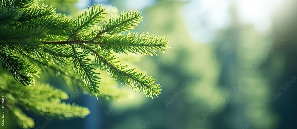Poster Soft sunlight illuminates a close up of a vibrant green spruce tree branch in a forest setting providing ample copy space for additional content